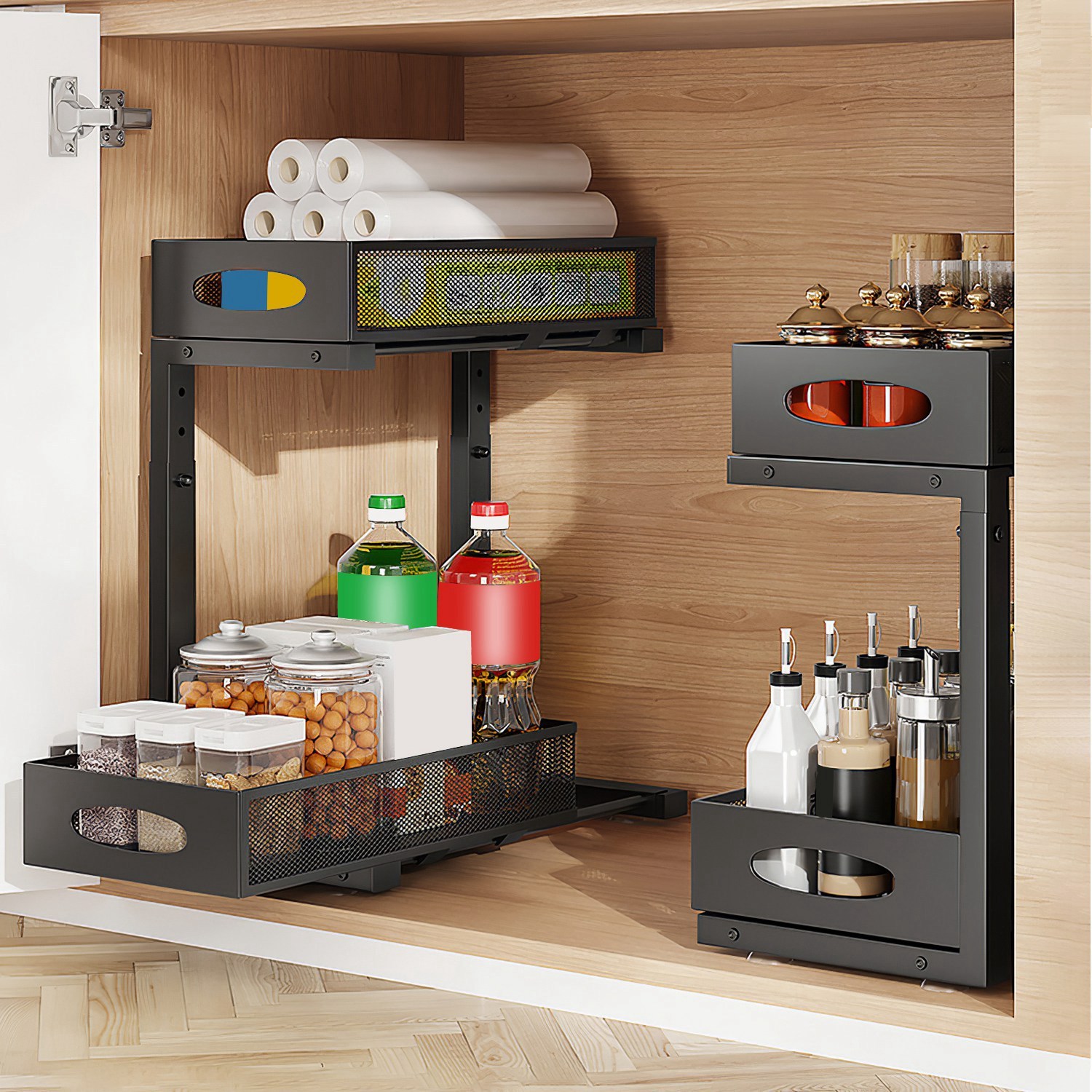 2Pcs Under Sink Organizer 2 Tier Pull Out Cabinet Baskets Storage Shelf Sliding Storage Drawers Rack With 5 Adjustable Height Mesh Baskets For Home Kitchen Bathroom Office - Image 10