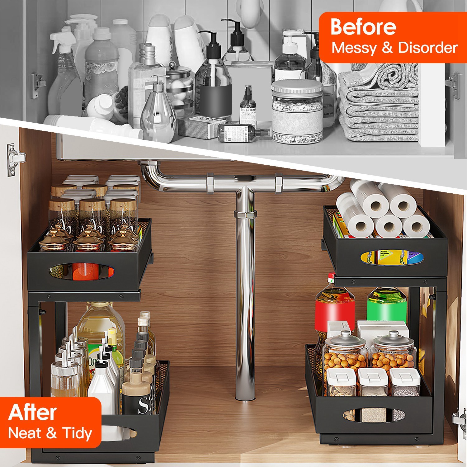 2Pcs Under Sink Organizer 2 Tier Pull Out Cabinet Baskets Storage Shelf Sliding Storage Drawers Rack With 5 Adjustable Height Mesh Baskets For Home Kitchen Bathroom Office - Image 9